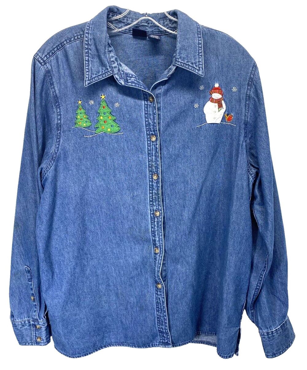 Basic Editions X-Mas Holiday Women Large Denim Shirt Embroidered Snowman Trees